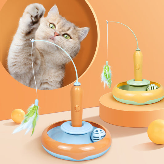 2-in-1 Cat Toy: Spinning Turntable with Feather Wand for Solo Play